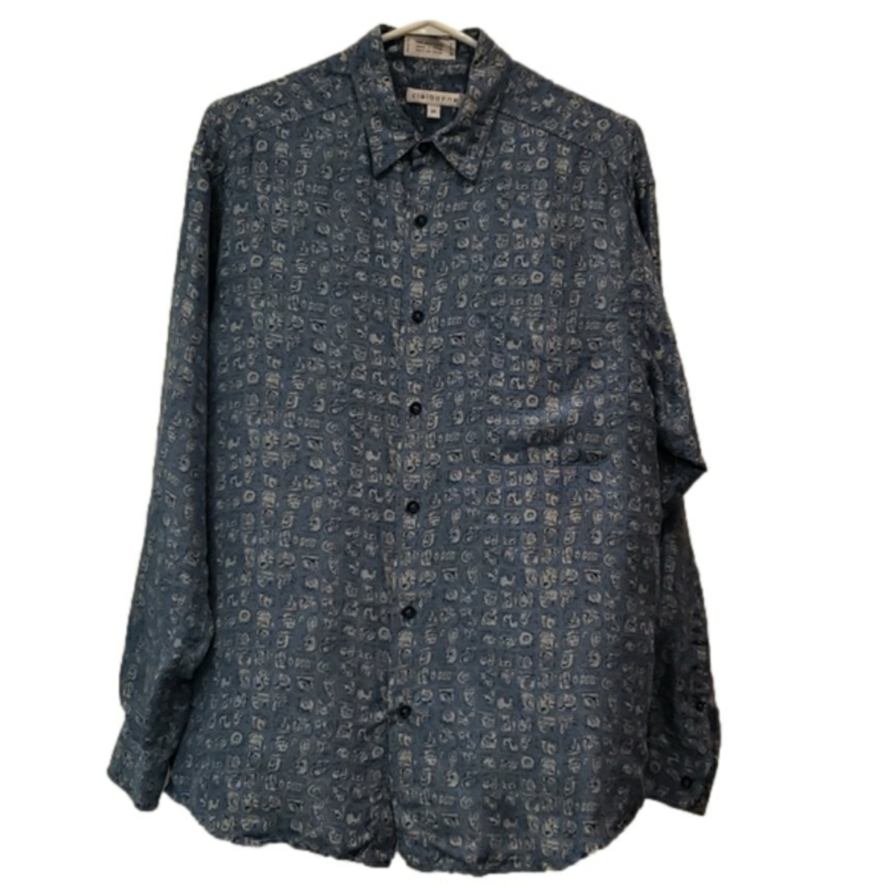 CLAIBORNE Shirt Button Down Blue L/S 100% Silk Graphic Men's Medium